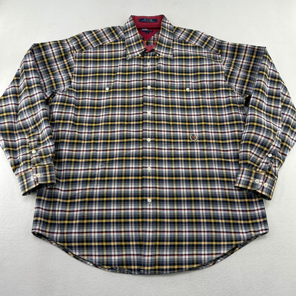 Tommy Hilfiger Mens Large Plaid Button Down Shirt Navy Yellow Long Sleeve Cotton